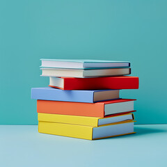 stack of books on blue background