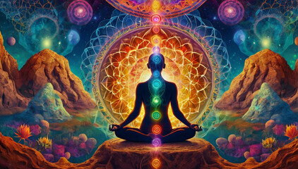 A person meditating in a yoga pose, with seven glowing chakra points on their body. Surrounded by vibrant energy patterns the background represents the vast universe, energy, and tranquility.