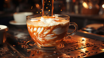 Espresso Shot and Machine: Close-up of espresso shot being pulled into a cup.