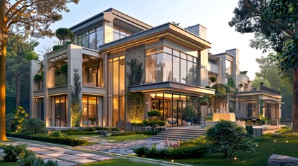 Fototapeta premium Modern luxury mansion with elegant glass windows and lush garden in a serene environment. 