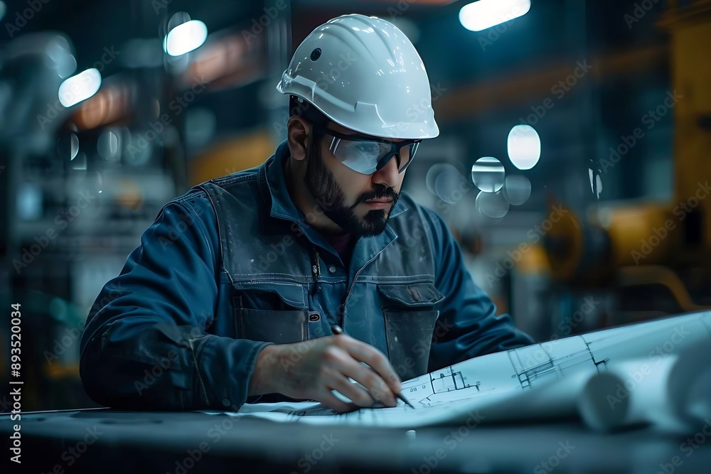 Poster industrial worker reviewing blueprints in factory setting - realistic image
