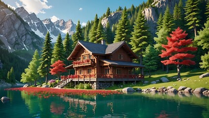 Fototapeta premium A picturesque cabin nestled on the shore of a pristine lake, surrounded by lush greenery and towering mountains.