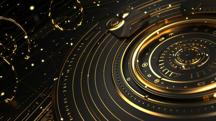abstract counter clockwise dial plate, in black and gold, glowing lines pattern, technology and business background