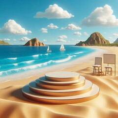 Obraz premium Beach podium summer background sand product 3D sea display platform. Beach podium summer banner stand scene sale sky holiday vacation stage water island sun travel pedestal promotion presentation ad