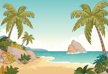 Cartoon tropical beach with palm trees, ocean and sand. Nature background.
