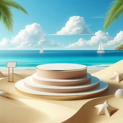 Obraz premium Beach podium summer background sand product 3D sea display platform. Beach podium summer banner stand scene sale sky holiday vacation stage water island sun travel pedestal promotion presentation ad