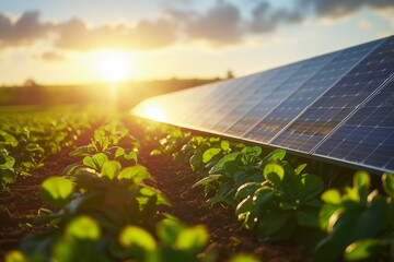 Solar panels in agricultural field at sunrise