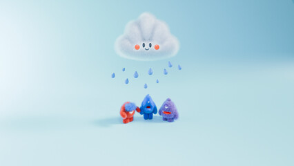 Cute Little Monster Playing In Rain 3D Render.