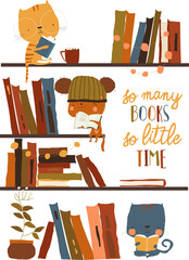Cartoon Cute Cats reading Books on Bookshelves. Vector Ilustration © Maria Starus