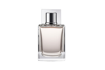 sleek, minimalist perfume bottle with clean lines and a metallic finish. Isolated on white background
