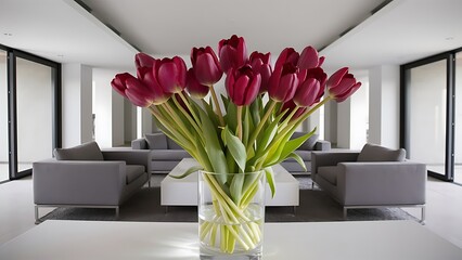 Red tulips in modern living room - home decor