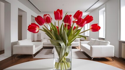 Red tulips in modern living room - home decor