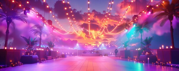 Obraz premium 3D stage with colorful lights, acoustic optimization enhancing sound, immersive performance setup scene