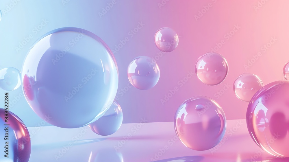Poster a 3d rendering of a scene with colorful iridescent bubbles in a pink and blue gradient background.