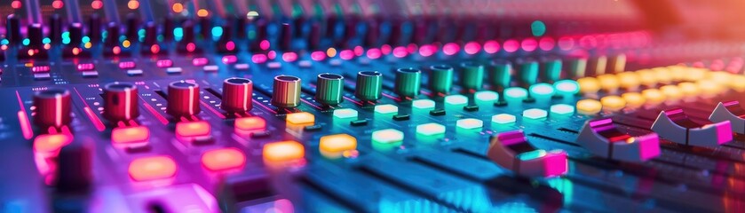 Obraz premium Audio mixer with colorful frequency spectrum, vibrant recording session in 3D space, high-fidelity sound production
