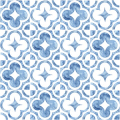 Tile seamless watercolor pattern. Blue and white patchwork style ornament. Hand made paint on paper. Print for textiles.