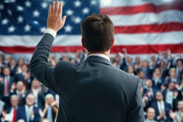 Politician addressing crowd at rally, American flag backdrop, patriotic atmosphere, back view showing raised hand.