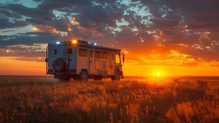 Obraz premium RV truck camping at sunset in open field