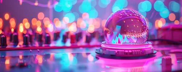 Dynamic scene with a drum machine, electronic beats radiating, spatial audio waves creating immersive soundscape