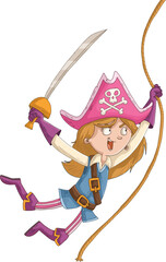 Cartoon pirate girl with sword holding rope

