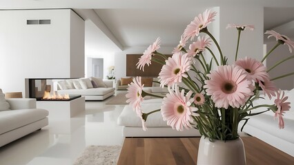Modern white living room with pink daisies
