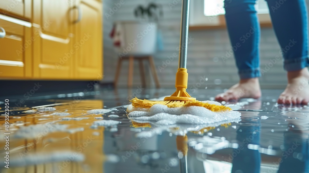 Wall mural Wet cleaning of the floor using a mop. Concept of cleaning, housework