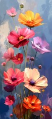 colorful cosmos flower, grungy texture oil painting artwork of flower blossom bouquet, still life paint style illustration	
