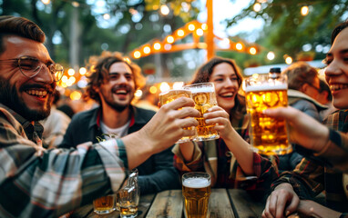 Friends enjoying Oktoberfest with beer outdoor