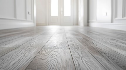 Empty room with whitewashed grey laminate flooring, parquet boards and wall in the background. Sample of flooring for home, apartment, selective focus