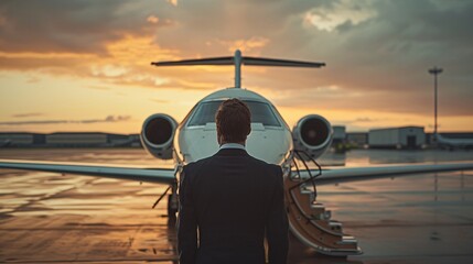 Professional male pilot assessing a private jet before takeoff, showcasing aviation protocols. Emphasizes safety and attention to detail in air travel.