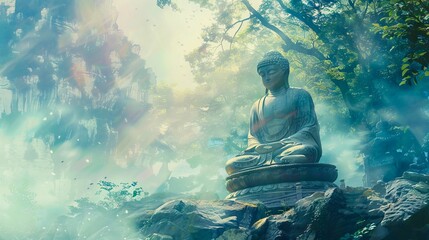 A statue of buddha in the middle of a forest.