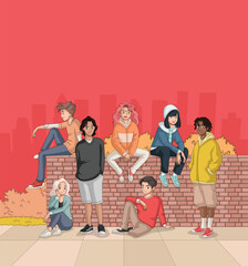 muro_jovenGroup of cartoon young people. Teenagers.s_fundo_vermelho.eps
