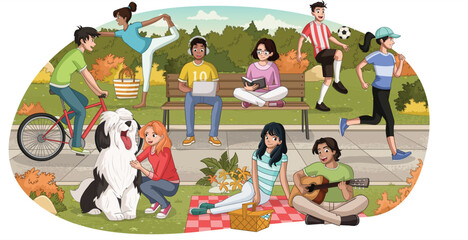 Group of people in a park with grass and trees. Nature landscape with teenagers.