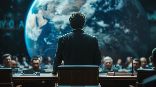 A focused leader addresses an assembly with Earth in view, symbolizing global cooperation and environmental awareness in a futuristic setting.