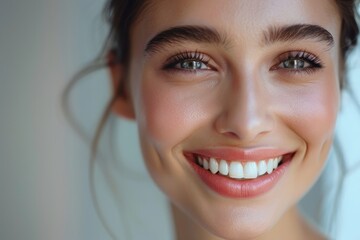 Woman's shining smile close-up, white healthy teeth. Dentistry charm portrait