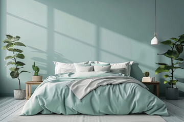 bedroom with green decoration and in door plant in minimalism modern  home decoration in winter time seasonal greeting with pastel green painting on the  wall 