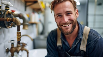Cheerful male plumber showcasing a completed bathroom project, reflecting pride in craftsmanship and dedication to quality service in home improvement.