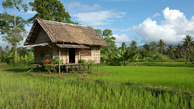 Traditional cottage at Southeast Asia countryside with 
 rice field, sustainable lifestyle scenery no people