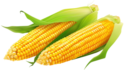 Fresh yellow corn cobs with leaves isolated on transparent background