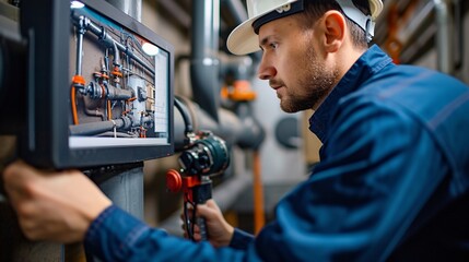 A skilled plumber uses a high-tech camera to inspect underground pipes in a modern urban setting, showcasing innovative plumbing solutions.