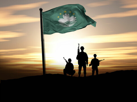 Macau Independence Day, Macau flag with soldiers. Photo Illustration