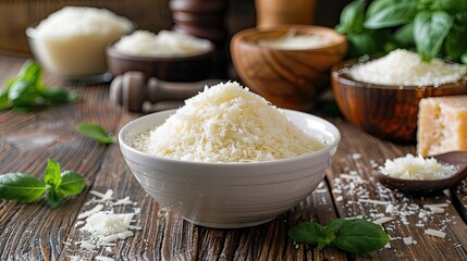 Pile of grated parmesan cheese in bowl. Perfect for illustrating recipes, cooking blogs, and food articles.