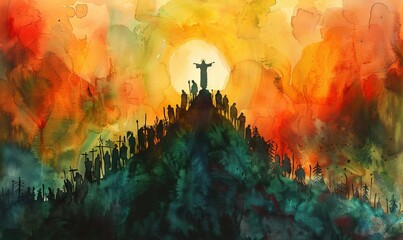 Silhouette of Jesus standing on top of a mountain and preaching to the crowd. Watercolor painting, Generative AI