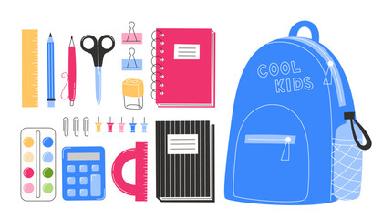 Set of cute school supplies elements in flat style