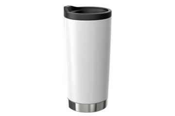 sleek and modern stainless steel travel mug, isolated on a white background