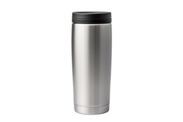 sleek and modern stainless steel travel mug, isolated on a white background