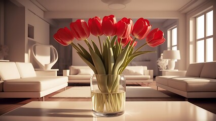 Red tulips in modern living room - home decor