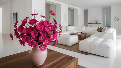 Modern white living room with pink daisies