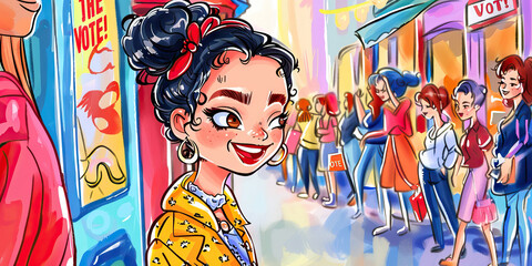 The Polling Station Parade: A colorful banner reading "VOTE!" hangs above a row of smiling poll workers.