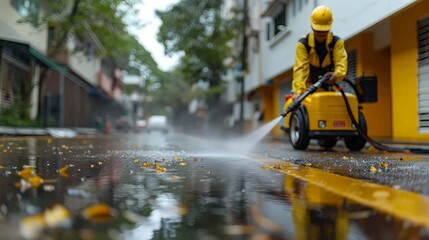 A Street Cleaner's Powerful Spray Drenches a Wet City Street. Generative AI